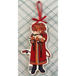 Mary Engelbreit Lion & lamb flat wood vintage Christmas ornament red ribbon